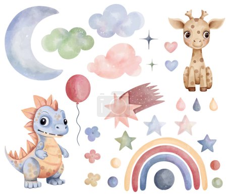 Téléchargez les illustrations : Jouets aquarelle girafe, dinosaure. Ensemble d'éléments de pépinière dessinés à la main vectoriels, nuages, lune, arc-en-ciel, étoiles, autocollants - en licence libre de droit