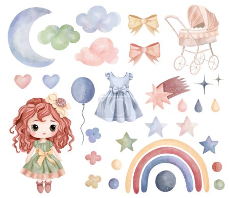 Illustration for Watercolor toys doll, baby stroller. Set of vector hand drawn nursery elements, clouds, moon, rainbow, stars - Royalty Free Image