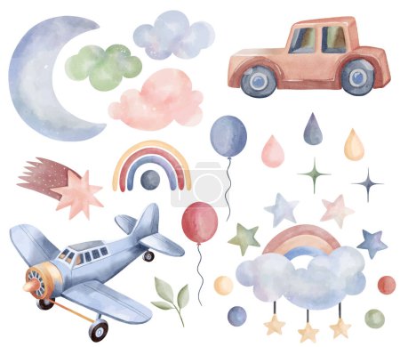 Téléchargez les illustrations : Jouets aquarelle avion, voiture. Ensemble d'éléments de pépinière dessinés à la main vectoriels, nuages, lune, arc-en-ciel, étoiles - en licence libre de droit