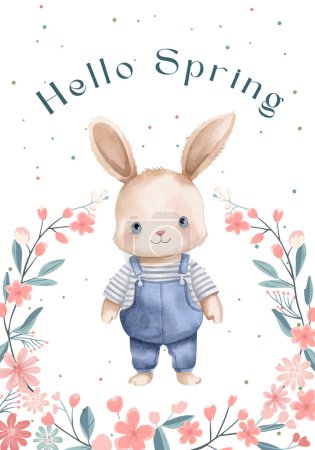 Ilustración de Cartel de primavera con conejito y flores. Lindo conejo acuarela, tarjeta de felicitación, bandera. - Imagen libre de derechos