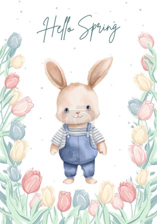 Ilustración de Cartel de primavera con conejito y tulipanes. Lindo conejo acuarela, tarjeta de felicitación, bandera. - Imagen libre de derechos