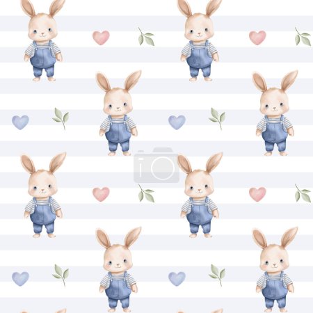 Ilustración de Patrón sin costuras con conejo acuarela y corazones. Lindo estampado infantil. Fondo de primavera en colores pastel - Imagen libre de derechos