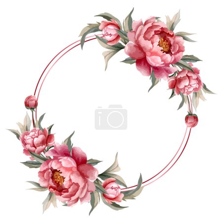 Illustration for Watercolor peonies frame. For wedding invitations, posters, cosmetics and cards. Vector floral wreath with peony. - Royalty Free Image