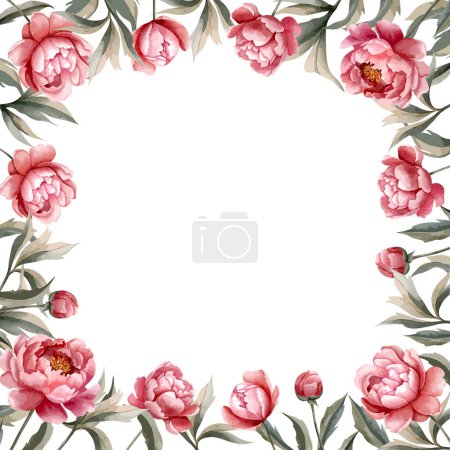 Illustration for Watercolor peonies square frame. Vector floral peony template. For wedding invitation, poster and card. - Royalty Free Image