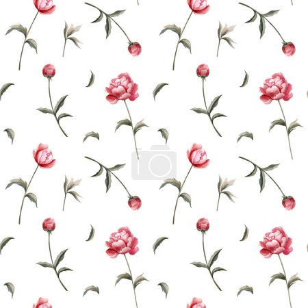 Illustration for Seamless vector background with watercolor peonies. Watercolor botanical seamless pattern - Royalty Free Image