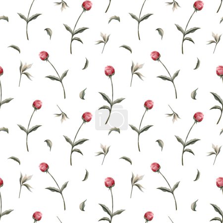 Illustration for Seamless vector background with watercolor peonies bud. Watercolor botanical seamless pattern - Royalty Free Image