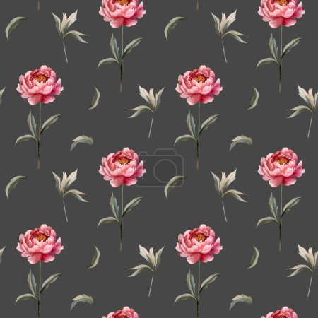 Illustration for Seamless pattern with watercolor peonies on dark background. Watercolor botanical vector background - Royalty Free Image
