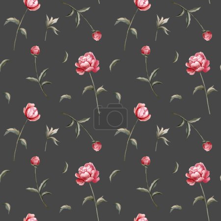 Illustration for Seamless pattern with watercolor peonies on dark background. Watercolor botanical vector background - Royalty Free Image