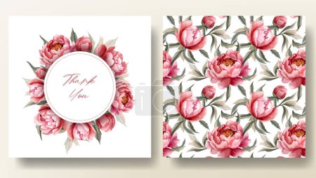 Illustration for Set of greeting card and seamless pattern with watercolor peonies, wedding invitation. Peony frame - Royalty Free Image