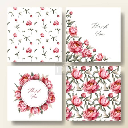 Illustration for Set of greeting card and seamless pattern with watercolor peonies, wedding invitation. Peony frame. - Royalty Free Image