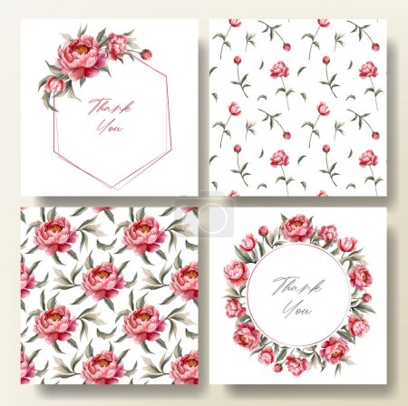 Illustration for Set of greeting card and seamless pattern with watercolor peonies, wedding invitation. Peony frame. - Royalty Free Image