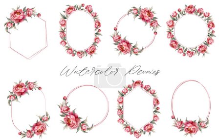 Illustration for Set of watercolor peonies frames. Vector floral wreath with peony. For wedding invitations, posters and cards. - Royalty Free Image