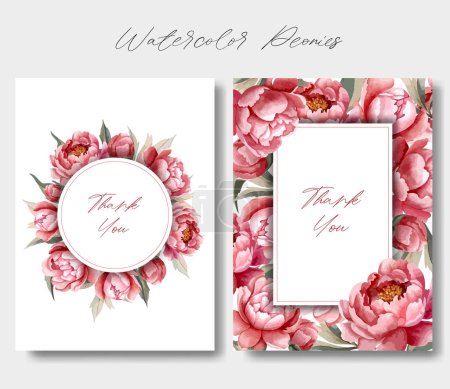 Illustration for Set of watercolor peonies frames. Vector floral peony template. For wedding invitation, poster and cards. - Royalty Free Image