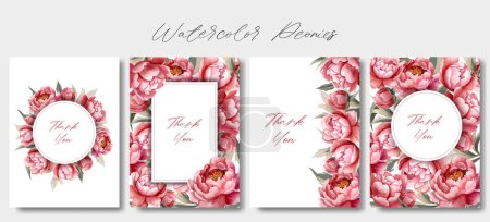 Illustration for Set of watercolor peonies frames. Vector floral peony template. For wedding invitation, poster and cards. - Royalty Free Image