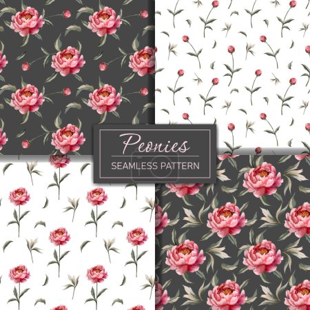 Illustration for Set of floral backgrounds with watercolor peonies. Hand drawn peony wallpaper. Flower seamless pattern. - Royalty Free Image
