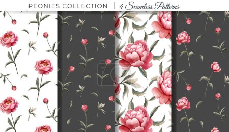 Illustration for Set of floral backgrounds with watercolor peonies. Flower seamless pattern. Peony ornaments - Royalty Free Image
