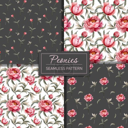Illustration for Set of floral backgrounds with watercolor peonies. Hand drawn peony wallpaper. Flower seamless pattern. - Royalty Free Image