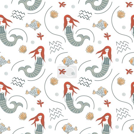 Illustration for Cute simple pattern with sea doodle elements. Seamless background with sketch mermaid. - Royalty Free Image