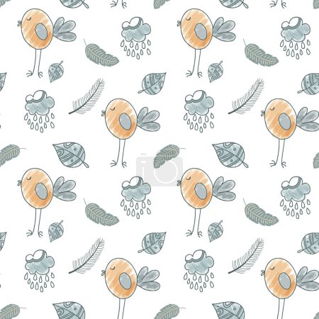 Illustration for Cute simple pattern with doodle elements. Seamless background monochrome birds and clouds. - Royalty Free Image