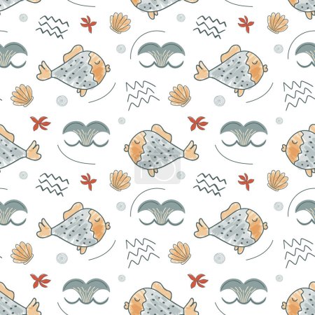 Illustration for Seamless background with sketch fish and whale tail. Cute simple pattern with sea doodle elements. - Royalty Free Image