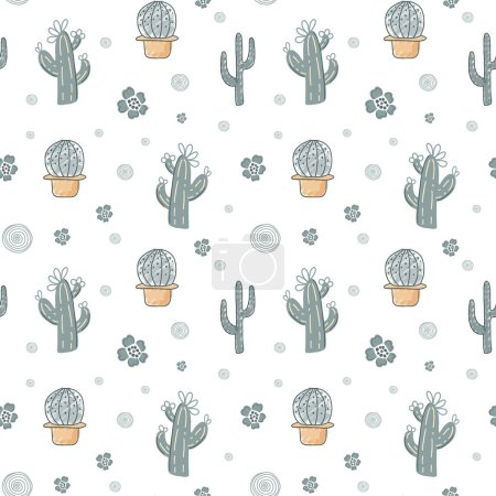 Illustration for Seamless background with sketch cactus and succulents. Cute simple pattern with mexican doodle elements. - Royalty Free Image