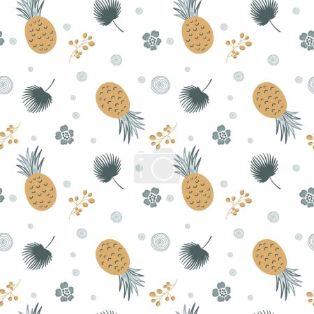 Illustration for Seamless background with sketch pineapple and palm leaf. Cute simple pattern with tropical doodle elements. - Royalty Free Image