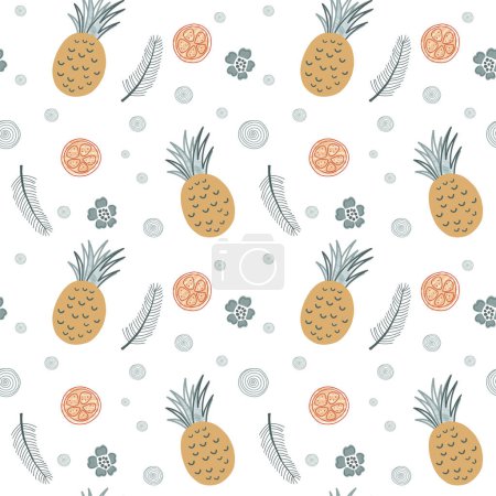 Téléchargez les illustrations : Fond sans couture avec ananas et orange. Modèle simple mignon avec des fruits tropicaux doodle. - en licence libre de droit