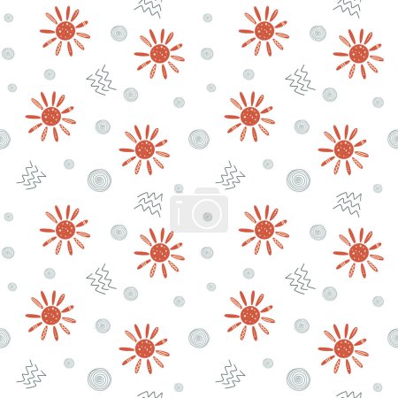 Illustration for Cute simple pattern with nursery doodle elements. Seamless background with red sun. - Royalty Free Image
