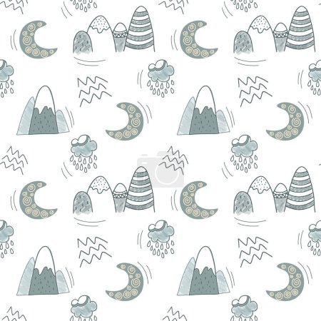 Ilustración de Lindo patrón simple con elementos doodle vivero. Fondo sin costuras con montañas y luna. - Imagen libre de derechos