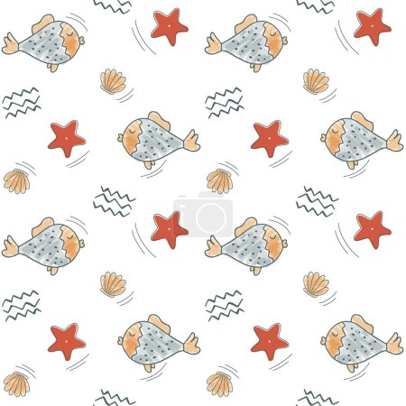 Ilustración de Lindo patrón simple con elementos de garabatos oceánicos. Fondo sin costuras con peces y conchas marinas. - Imagen libre de derechos