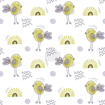 Illustration for Cute simple background with nursery doodle elements. Seamless pattern with birds clouds and sun. - Royalty Free Image