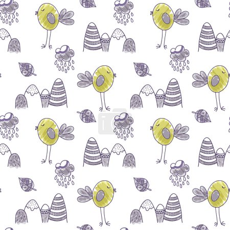 Photo for Cute simple pattern with doodle elements. Childish background with monochrome birds and mountains. - Royalty Free Image