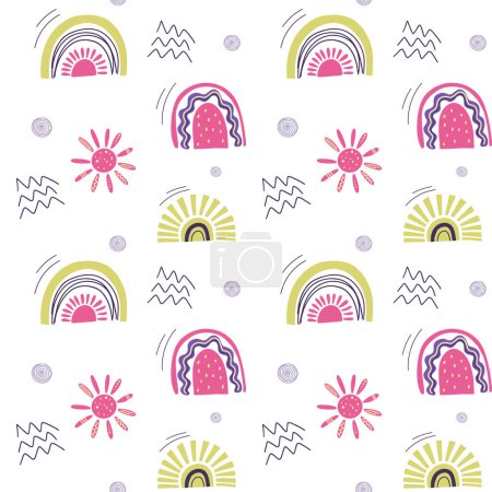 Illustration for Cute simple pattern with nursery doodle elements. Seamless background with rainbow and sun. - Royalty Free Image