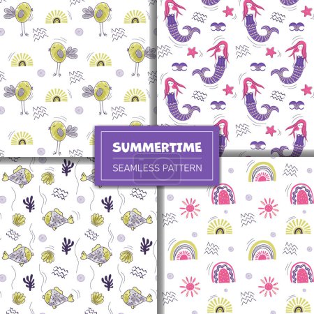 Illustration for Set of doodle backgrounds with rainbow, sun, mermaid and pineapple. Cute simple summertime patterns. - Royalty Free Image