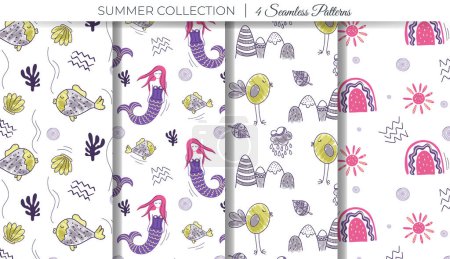 Illustration for Set of summer doodle backgrounds with mermaid, rainbow, bird and fish. Cute simple childish pattern - Royalty Free Image