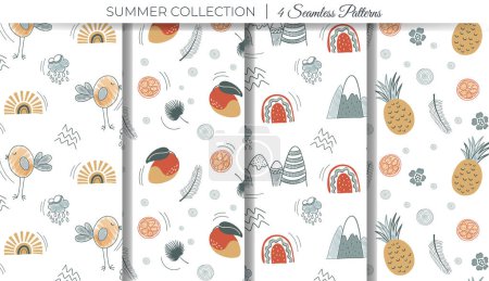 Illustration for Cute simple summertime patterns. Set of childish doodle backgrounds with rainbow, sun, bird and mango. - Royalty Free Image