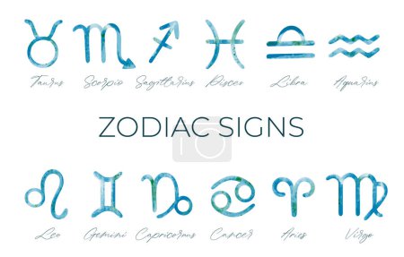 Téléchargez les illustrations : Collection de signes astrologiques aquarelle. Ensemble de signes dessinés à la main du zodiaque brosse aquarelle. - en licence libre de droit