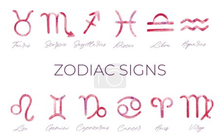 Illustration for Collection of watercolor astrology signs. Set of hand drawn watercolor brush zodiac signs. - Royalty Free Image