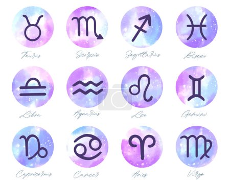 Illustration for Set of hand drawn watercolor brush zodiac signs. Collection of watercolor astrology signs. - Royalty Free Image