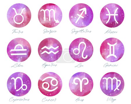 Illustration for Set of hand drawn watercolor brush zodiac signs. Collection of watercolor astrology signs. - Royalty Free Image