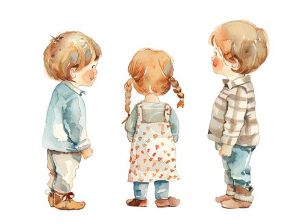 Ilustración de Conjunto de niños acuarela de pie con la espalda. Dos chicos y una chica, bebés lindos - Imagen libre de derechos