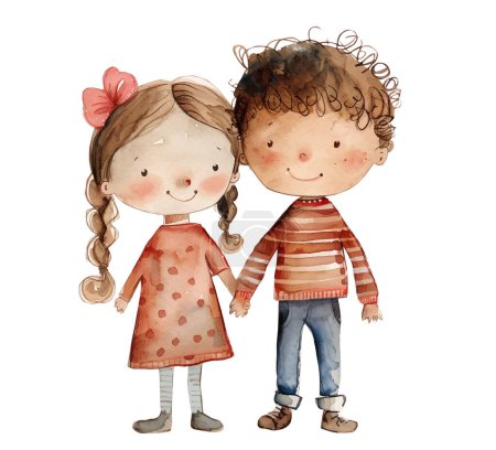 Téléchargez les illustrations : Illustrations vectorielles d'aquarelle mignonne de garçon et fille tenant la main. Aquarelle enfants - en licence libre de droit
