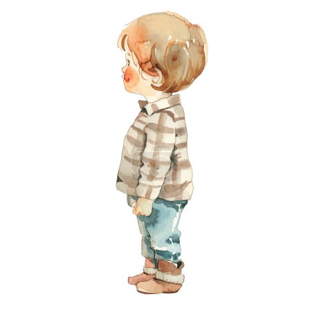Illustration for Watercolor boy. Watercolor child stands backwards at full height. Cute baby - Royalty Free Image