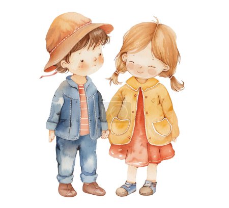 Téléchargez les illustrations : Mignon aquarelle garçon et fille tenant la main. Illustration vectorielle enfants aquarelle - en licence libre de droit