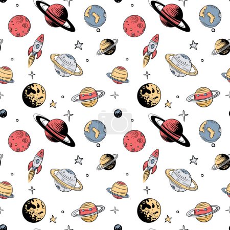 Illustration for Seamless pattern with space elements. Space backgrounds. Hand drawn planets and stars. - Royalty Free Image