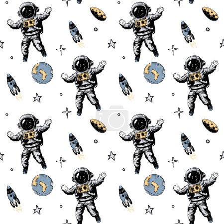 Ilustración de Patrón sin costuras con elementos espaciales. Fondos espaciales. Astronautas dibujados a mano planetas y estrellas. - Imagen libre de derechos