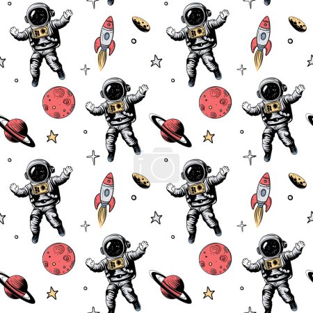 Illustration for Seamless pattern with space elements. Space backgrounds. Hand drawn astronaut planets and stars. - Royalty Free Image