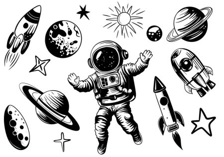 Ilustración de Conjunto monocromático de objetos espaciales garabatos. Elementos espaciales dibujados a mano. - Imagen libre de derechos