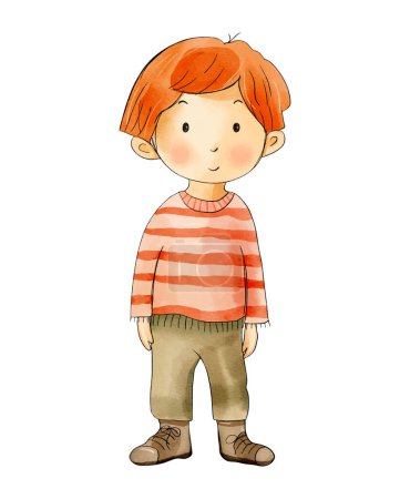 Ilustración de Niño acuarela con el pelo rojo. Niño acuarela de pie a toda altura. Lindo bebé niño - Imagen libre de derechos
