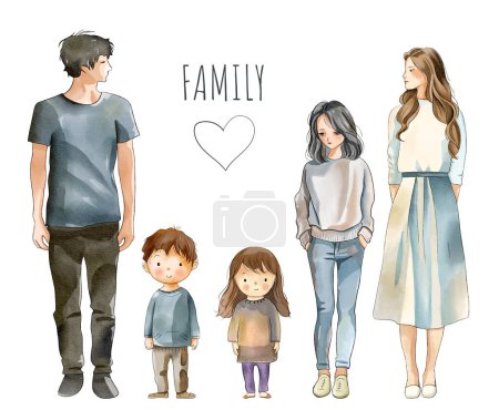 Ilustración de La familia acuarela está de pie. Padres e hijos aislados. Ilustración vectorial mujer, hombre, niños - Imagen libre de derechos
